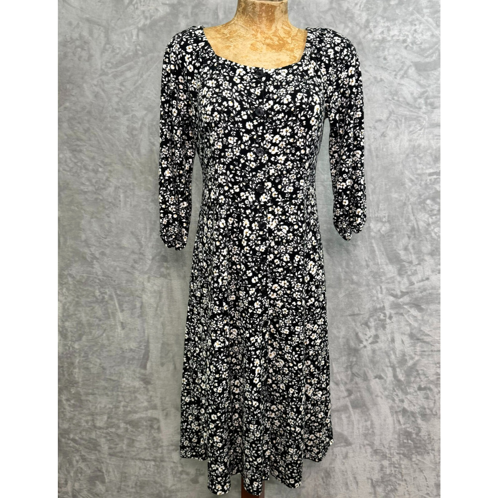 J. Jill Dress Womens XS Black Floral Print Knit Button Front Midi Cottage Core